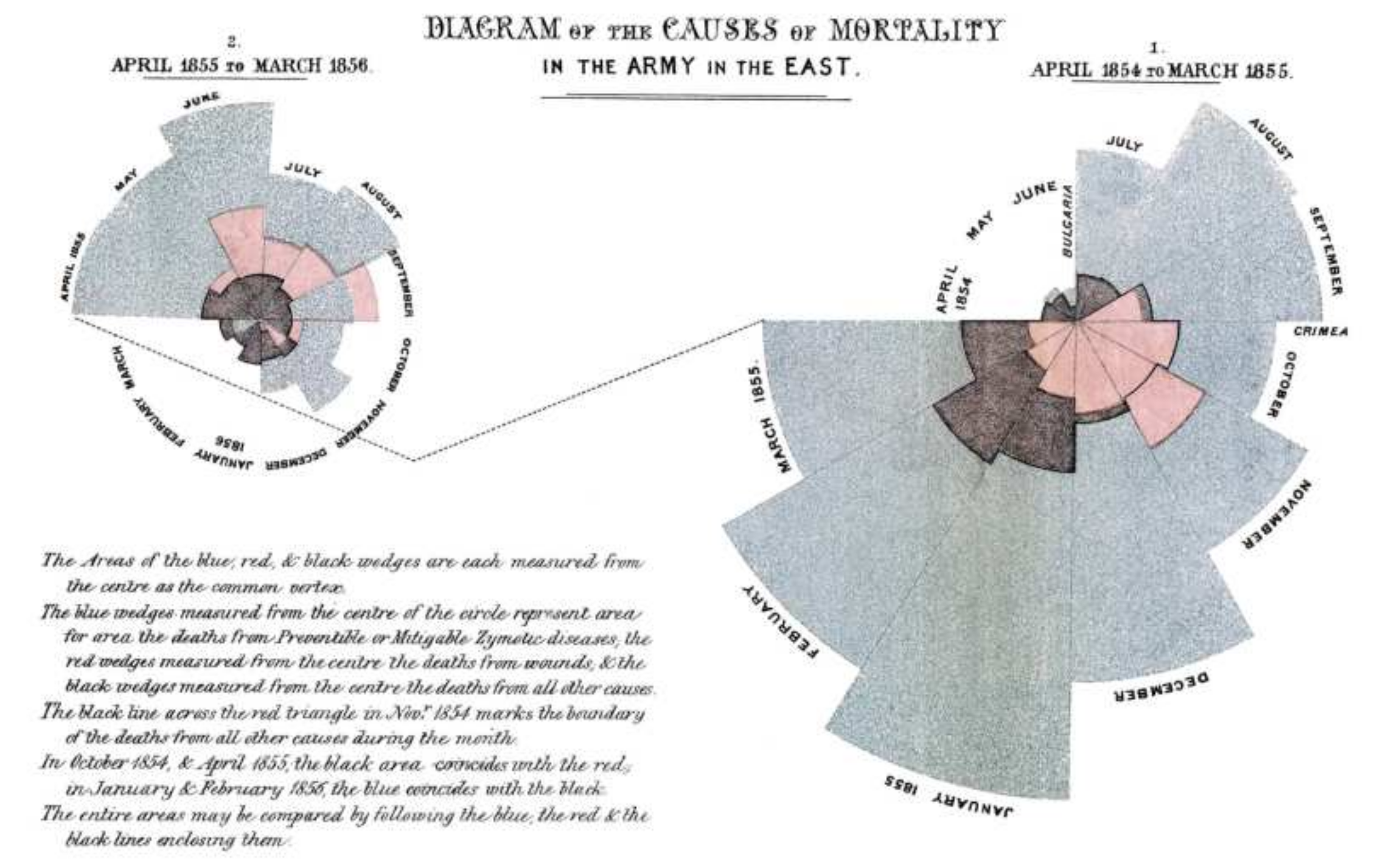 Diagrama das causas de mortalidade do exército leste (1854). Nele, Florence Nightingale (1854) buscou evidenciar, a partir das evidências, as principais causas da alta mortalidade entre os combatentes.